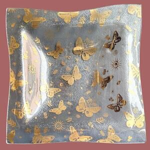 Vintage MCM 1960s Georges Briard Square Bent Glass Gold Butterfly Plate